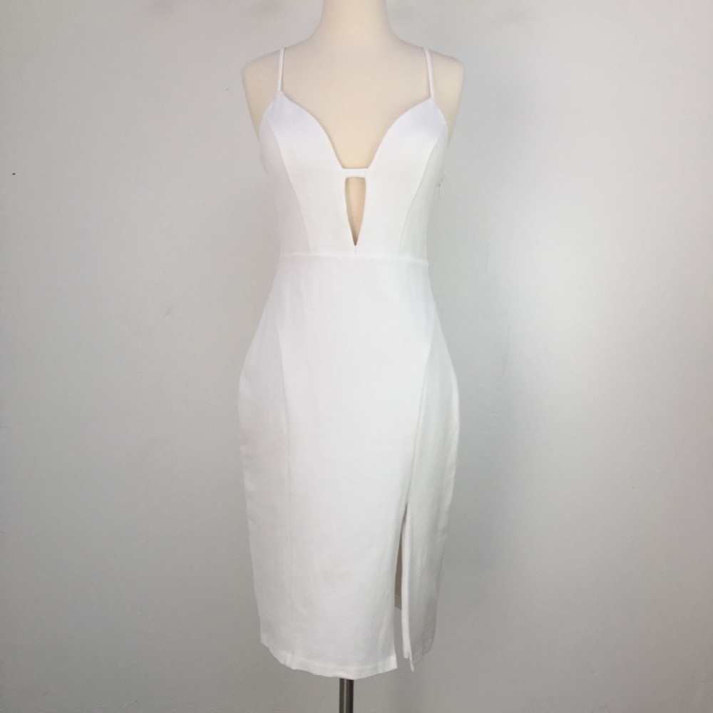 Bebe white body-con corset back midi dress